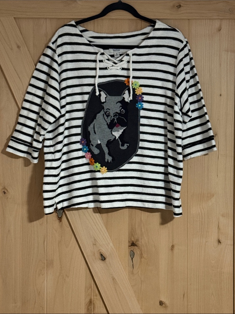Girls Black & White Striped Lace-Up Pullover Top with French Bulldog Patch